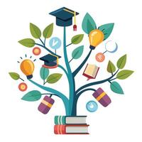Intricate Flat Tree with Delicate Book and Knowledge Symbol Leaves in a Fantasy Setting vector