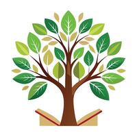 Botanical Flat Tree with Green Book Pages as Leaves in a Natural Setting and Isolated on a white Background vector