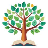 Botanical Flat Tree with Green Book Pages as Leaves in a Natural Setting vector