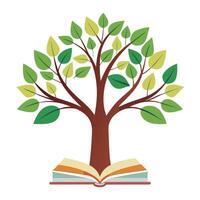 Botanical Flat Tree with Green Books as Leaves in a Natural Setting and Isolated on a white Background vector