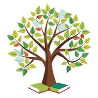 Watercolor Flat Tree with Soft Books as Leaves in a Natural Setting vector