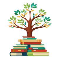 Flat Tree with Books as the Roots Generate a Flat Style and Green Leaves with Pink Flowers and Green Leaves vector