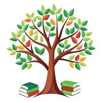 Botanical Flat Tree with Green Books as Leaves in a Natural Setting vector
