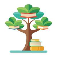 Detailed Illustration of a Flat Tree with Books Stacked as the Trunk Create a Flat Style and Green Leaves vector