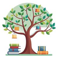 Detailed Illustration of a Flat Tree with Books Hanging as Leaves Create a Flat Style and Green Leaves vector