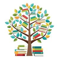 Flat Tree with Books Design a Flat Style Tree with Green Leaves with Purple Flowers and Green Leaves vector