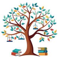 Flat Tree with Books Hanging as Leaves Create a Flat Style and Green Leaves with Pink Flowers and Green Leaves vector