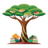 Flat Tree with Books Stacked as the Trunk Create a Flat Style and Green Leaves with Purple Flowers and Green Leaves vector