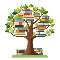 Flat Tree with Books Stacked as the Trunk for an Educational and Knowledge-Inspired Design with Pink Flowers and Green Leaves vector