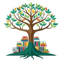 Flat Tree with Bookshelf as Roots Create a Flat Style and Green Leaves with Purple Flowers and Green Leaves vector