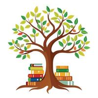 Flat Tree with Bookshelf as Roots Create a Flat Style and Green Leaves in a Garden Setting vector