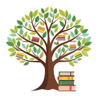 Flat Tree with Bookshelf Branches and Book Leaves Design a Flat Style and Green Leaves with Pink Flowers and Green Leaves vector