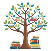 Flat Tree with Bookshelf Branches and Book Leaves Design a Flat Style and Green Leaves in a Garden Setting vector