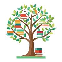Detailed Illustration of a Flat Tree with Bookshelf Branches and Book Leaves Design a Flat Style and Green Leaves vector