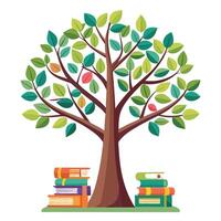 Flat Tree with Bookshelf Trunk and Books as Leaves Design a Flat Style and Green Leaves in a Garden Setting vector