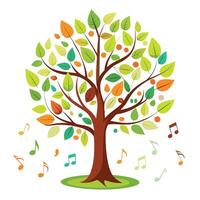 Flat Tree with Bouncing Music Note Leaves Generate a Flat Style and Green Leaves with Pink Flowers and Green Leaves vector