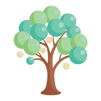 Detailed Illustration of a Flat Tree with Bubble-Like Floating Leaves Create a Flat Style and Green Leaves