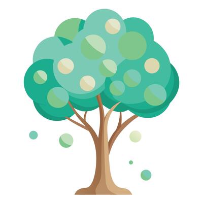 Flat Tree with Bubble-Like Floating Leaves Create a Flat Style and Green Leaves with Pink Flowers and Green Leaves