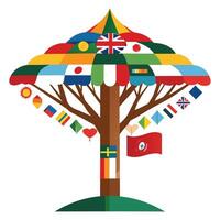 Artistic Tree with Canopy Made of Different National Flags in a Colorful Design vector