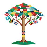 Unique Tree with Canopy Made of Different National Flags in a Whimsical Design vector
