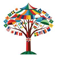 Innovative Tree with Canopy Made of Different National Flags in a Modern Style vector