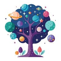 Artistic Tree with Celestial Elements as Leaves in a Colorful Design vector