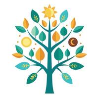 Imaginative Tree with Celestial Sun and Moon Leaves in a Fantastical Design vector