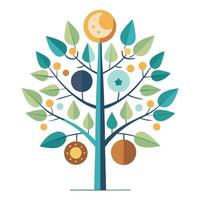 Artistic Tree with Celestial Sun and Moon Leaves in a Colorful Design vector