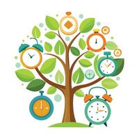 Unique Tree with Clock and Timepiece Leaves in a Whimsical Design vector