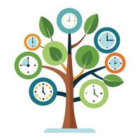 Unique Tree with Clock Faces as Leaves in a Whimsical Design vector