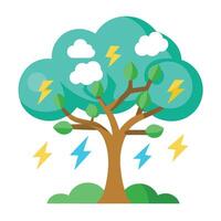 Unique Tree with Cloud and Thunderbolt Leaves in a Whimsical Design vector