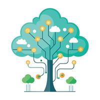 Imaginative Tree with Cloud Computing and Data Flow Leaves in a Fantastical Design vector