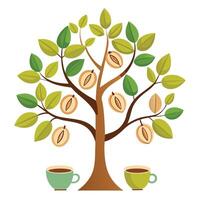 Coffee Bean and Teacup Leaves Create Design for Flat Tree vector