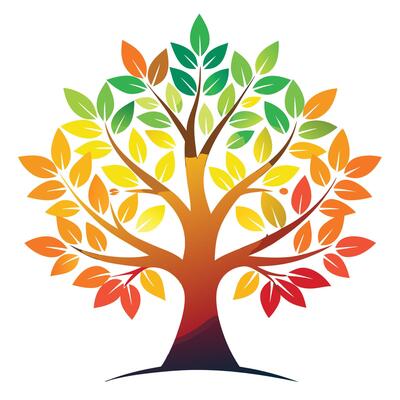 Artistic Tree with Colorful Autumn Leaves Forming a Gradient in a Colorful Design