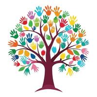 Unique Tree with Colorful Handprints as Leaves Creating a Sense of Community vector