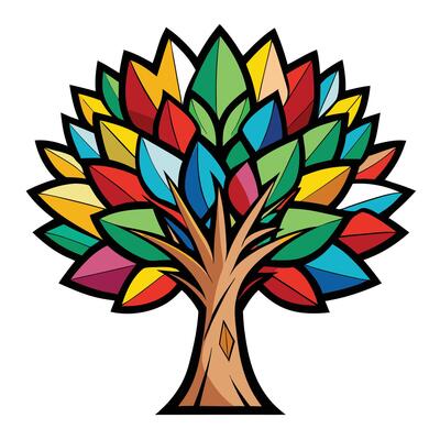 Artistic Tree with Comic Book Style Leaves in a Colorful Design