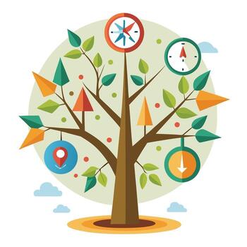 Unique Tree with Compass and Map Leaves in a Whimsical Design vector