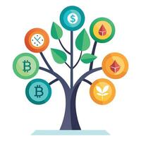Flat Tree Design with Cryptocurrency Bitcoin and Ethereum vector
