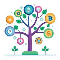 Flat Tree Design with Cryptocurrency Coin Leaves Generate Style vector