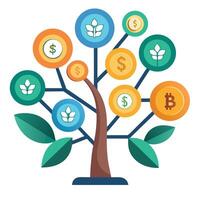Imaginative Tree with Cryptocurrency Symbols as Leaves in a Fantastical Design vector