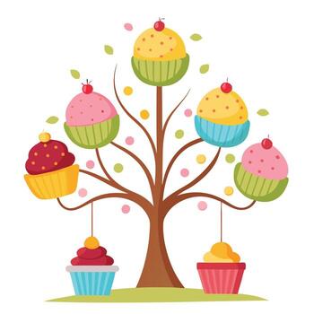 Innovative Tree with Cupcakes Hanging from the Branches in a Modern Style vector