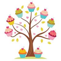 Imaginative Tree with Cupcakes Hanging from the Branches in a Fantastical Design vector