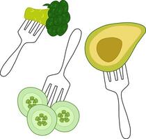 Fork with green vegetables composition set. Broccoli, cucumber slice, avocado. flat illustration. Ideal for menu and package designs. Eat green vector