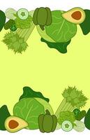 Green vegetable frame seamless horizontal border. flat card template Fresh organic veggie print for kitchen, menu, food package design with cabbage, zucchini, celery. Eat green vector