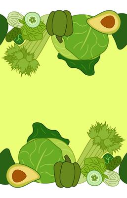 Green vegetable frame seamless horizontal border. flat card template Fresh organic veggie print for kitchen, menu, food package design with cabbage, zucchini, celery. Eat green