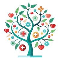 Artistic Tree with DNA Helix and Medical Symbols Combining Science and Art vector