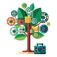 Artistic Tree with Film Reel and Camera Leaves in a Colorful Design vector