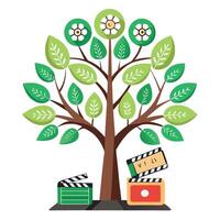 Imaginative Tree with Film Reel and Clapperboard Leaves in a Fantastical Design vector
