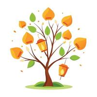 Flat Tree Design with Floating Lantern Leaves Style vector