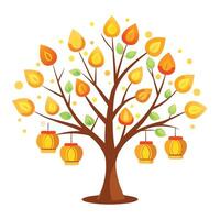 Flat Tree Design with Floating Lantern Leaves Style and isolated background vector